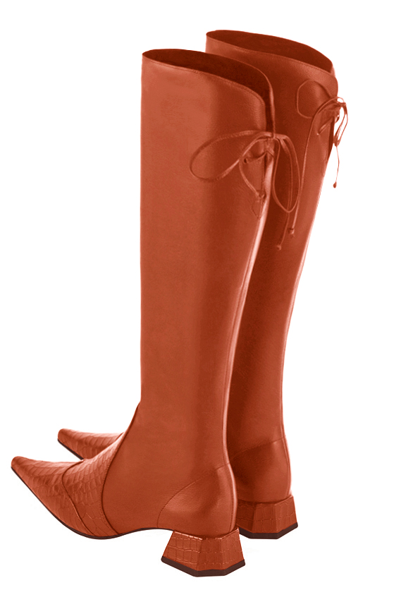 Terracotta orange women's knee-high boots, with laces at the back. Pointed toe. Low flare heels. Made to measure. Rear view - Florence KOOIJMAN